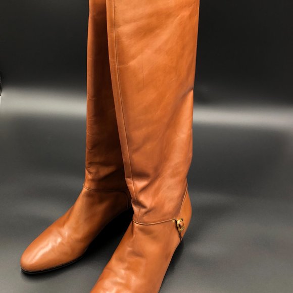 Salvator Ferragamo Tan Dress Boots with Gold Trim - Picture 7 of 9